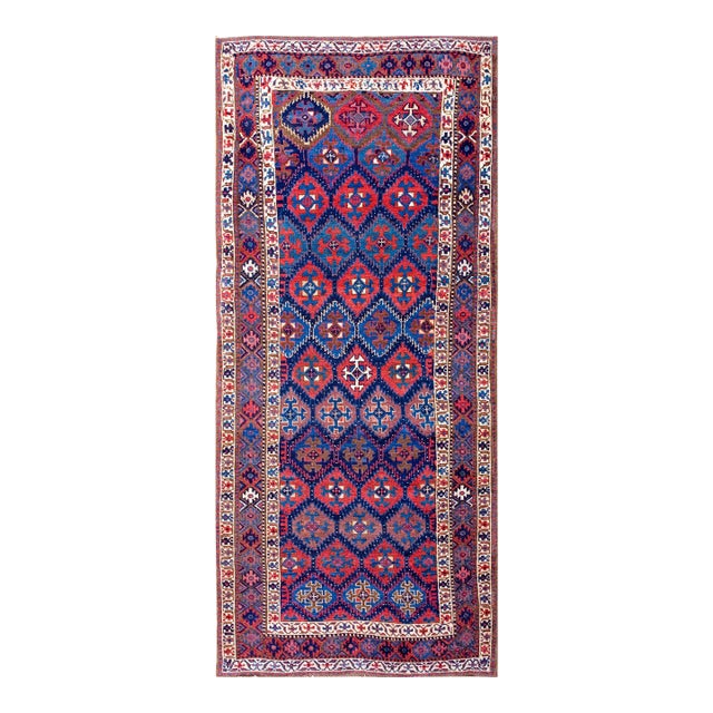 1900s Blue Diamond Tribal Antique Persian Kurdish Rug 4'2" X 9'9" Hand Knotted Wool Carpet For Sale