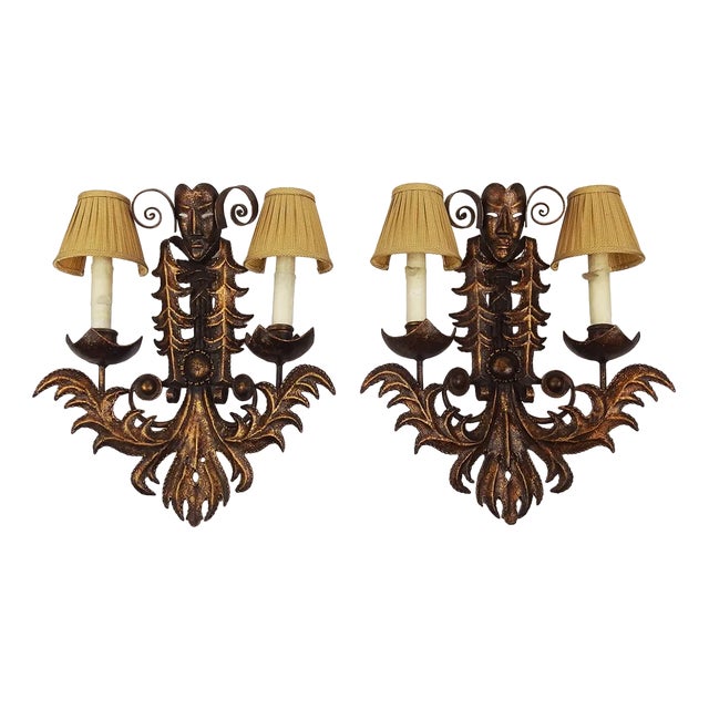 Venetian Mask Sconces in Wrought Iron, 1970s, Set of 2 For Sale