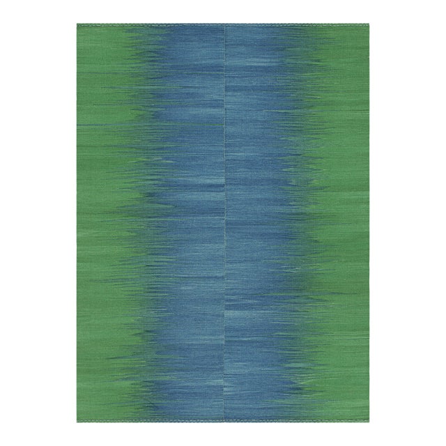 Rug & Kilim’s Contemporary Kilim in Blue and Green Stripes and Geometric Pattern For Sale