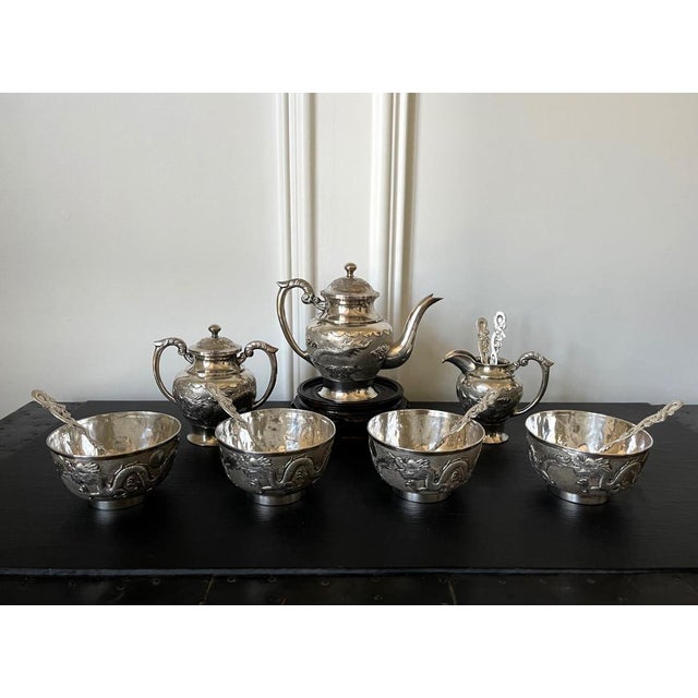 Metal Early 20th Century Rare Chinese Export Sterling Silver Tea Set with Dragon Design Tianjing Wuhua - 13 pcs For Sale - Image 7 of 18