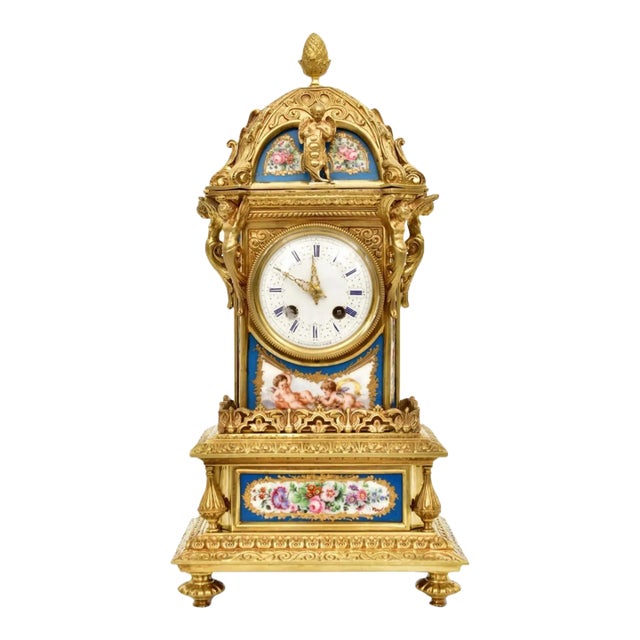 Antique Gilt Bronze Sèvres Porcelain Mantel Clock / Raingo Frères & Sèvres Paris For Sale