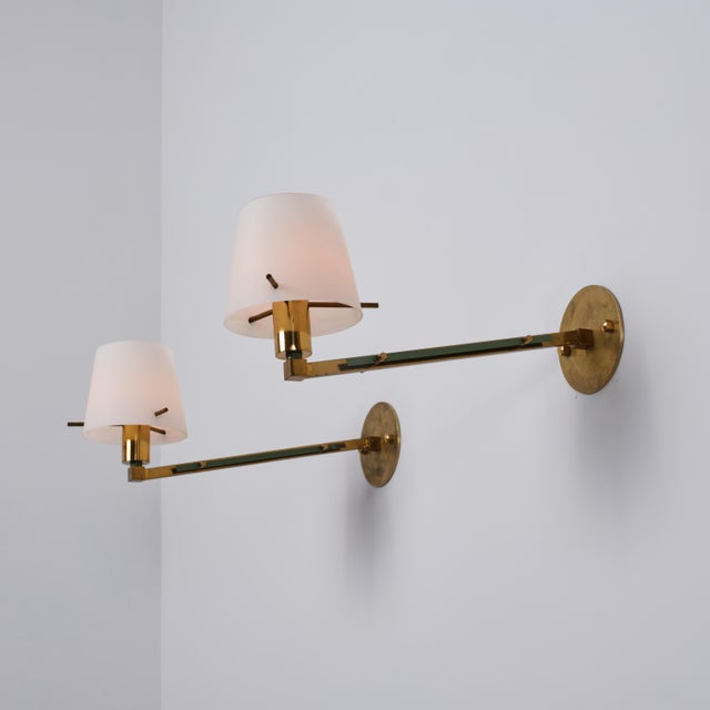 Italian Brass, Green Metal and Opaline Glass Wall Sconces, 1950s, Set of 2 For Sale - Image 11 of 14
