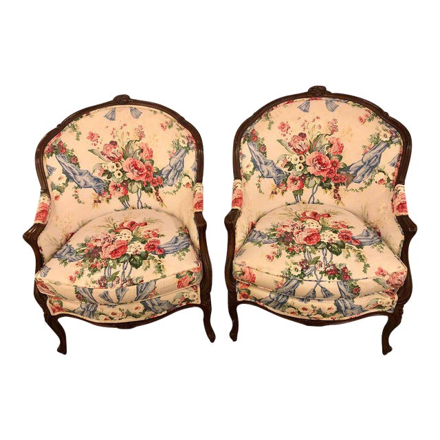 Floral Upholstery Bergère Chairs A Pair Chairish