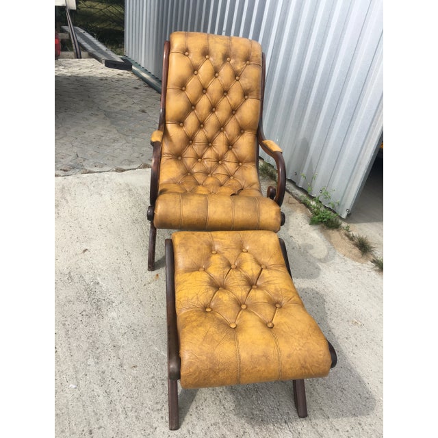Wood Set of Chesterfield Armchair with Pouf Set, 1950s For Sale - Image 7 of 18