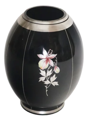 Bohemian Floral Orchid Black Glass Vase with Silver Plating, 1930s