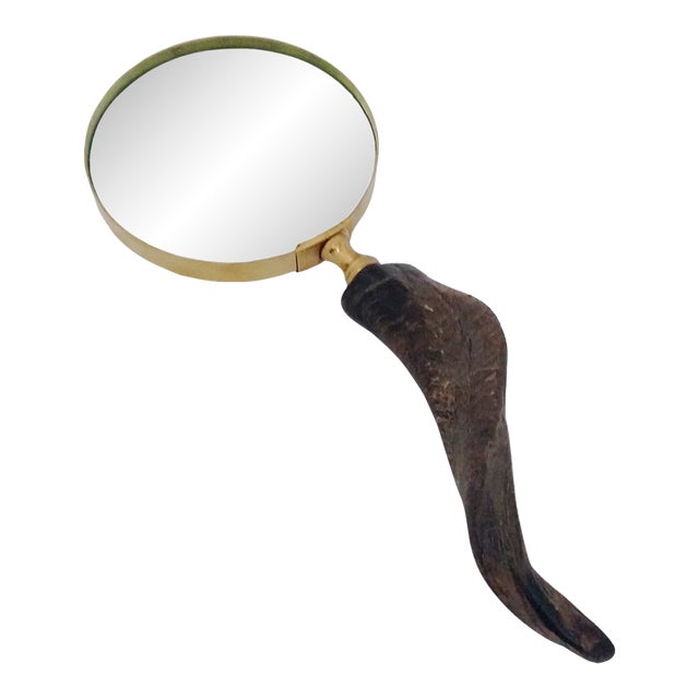 Vintage Mid 20th Century Brass Horn Handle Magnifying Glass in Wooden Box For Sale