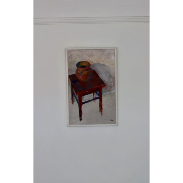 Original swedish oil on panel – “krukan (pot on table)” by fritz sjöström – signed 1982, framed 57 × 37 cm (22.4" × 14.6")...