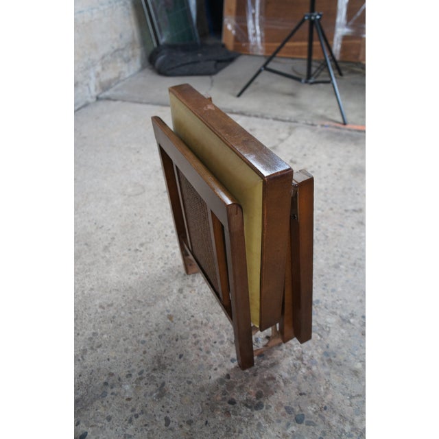 Mid Century Legomatic Walnut Wicker Rattan Vinyl Folding Side Chairs- Set of 4 For Sale - Image 4 of 12