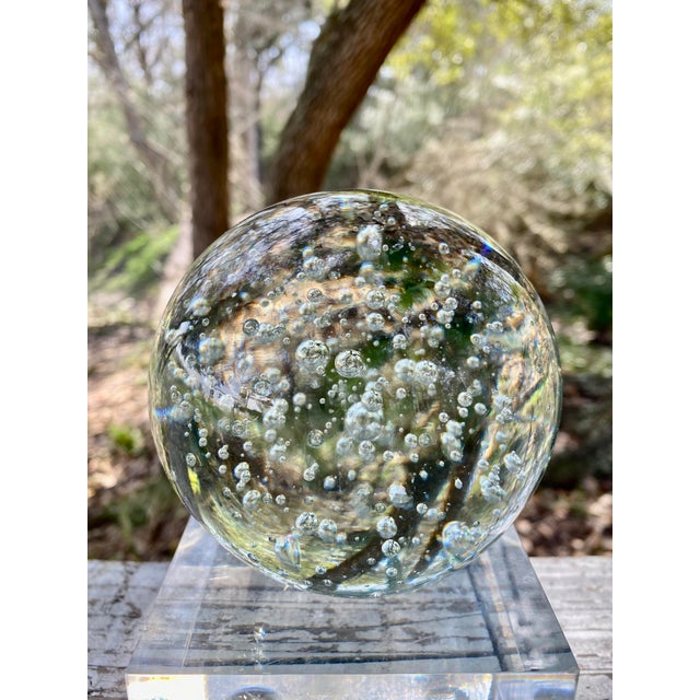 Transparent Italian Murano Internal Bubble Spherical Paper Weight, Clear Glass For Sale - Image 8 of 9