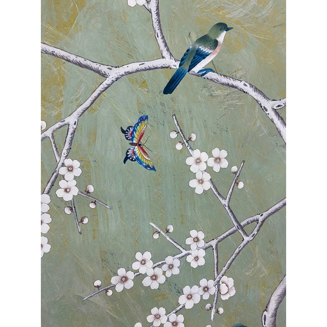 30"*60", Vintage Chinoiserie Floral Birds Garden Green Wallpaper Panel Wall Art, Set of 3, No Frame For Sale - Image 13 of 18