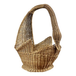 Vintage Boho Woven Rattan Wicker Swan Form Floor Basket For Sale