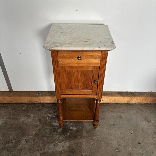 Antique Oak Bedside Table with Marble Top, 1900s For Sale - Image 5 of 13