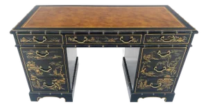 Chinoiserie Black Lacquer Tan Leather Top Faux Bamboo 56" Wide Desk Drexel