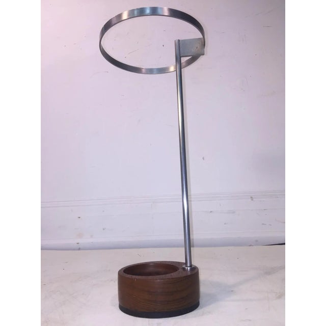 1950s Modernist Steel and Round Wood Base Umbrella Stand For Sale - Image 5 of 11