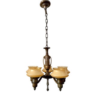 1940's Art Deco 5 Light Copper Peach Glass Chandelier For Sale