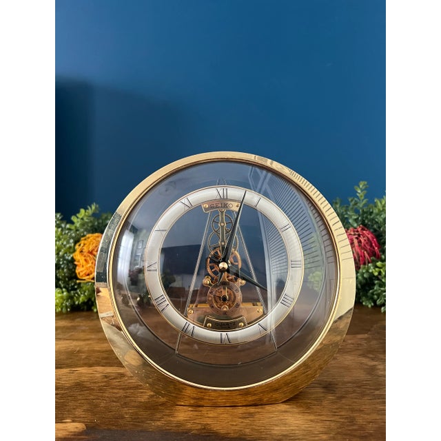 1990s Brass & Glass Seiko Skeleton Clock For Sale - Image 10 of 12