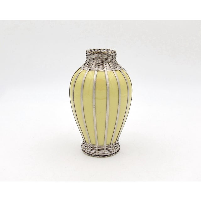 Metal Vintage Meiji Japanese Art Pottery Vase With Silver Basketweave Wire Overlay For Sale - Image 7 of 8