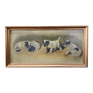 1950s Vintage Painting of Four Terrier Puppies, Framed
