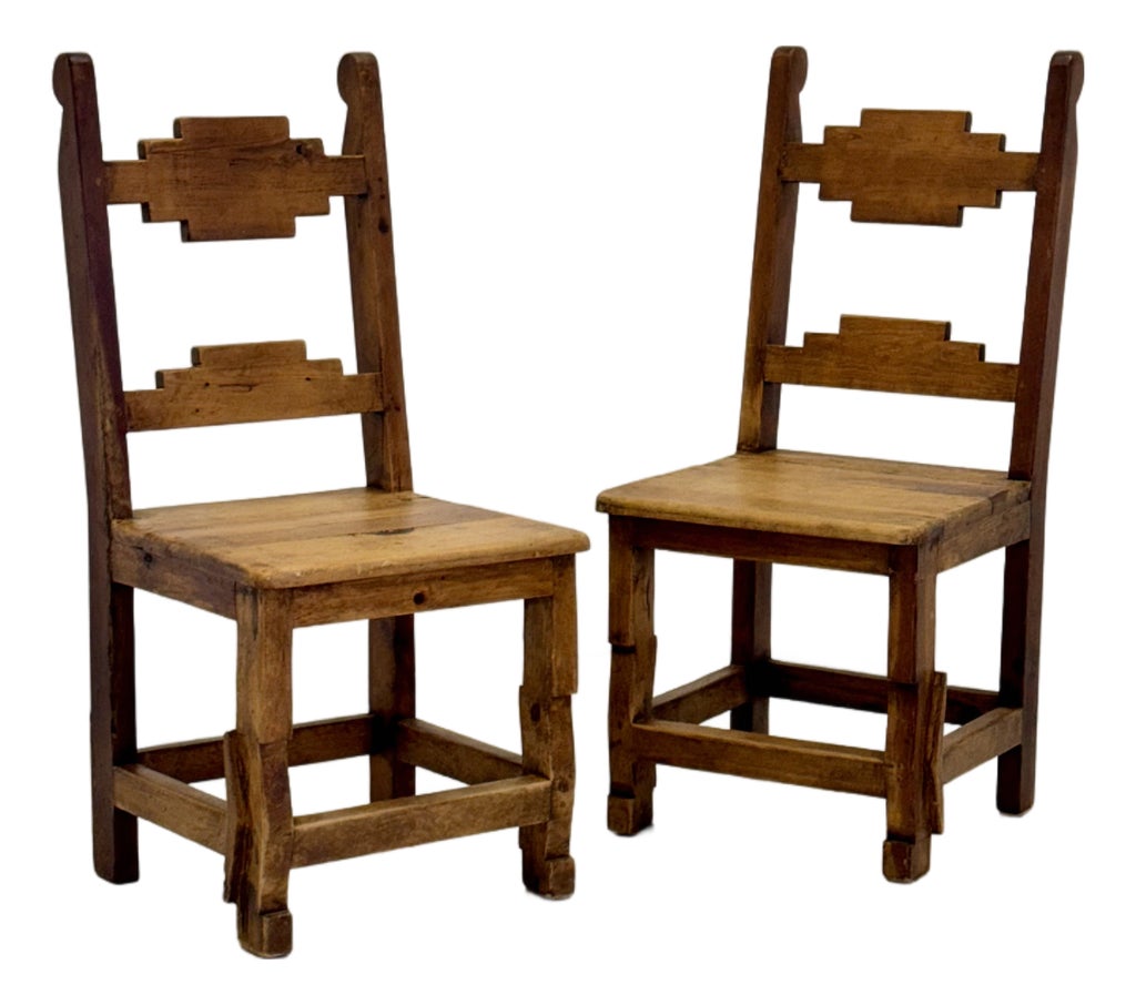 Pair of Mid-Century Mexican Rustic Pine Chairs With Carved Razor Blade Backs and Legs