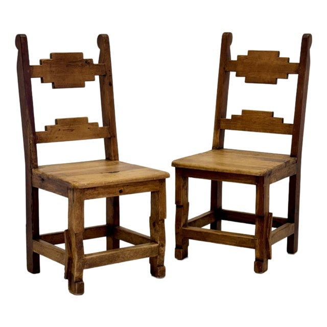 Pair of Mid-Century Mexican Rustic Pine Chairs With Carved Razor Blade Backs and Legs For Sale
