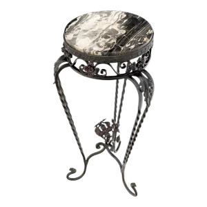 Round Black & White Marble Top Wrought Iron Pedestal Stand Table