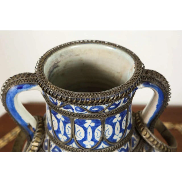 Early 20th Century Antique Moroccan Footed Vase, Blue & White Ceramic With Filigree For Sale - Image 5 of 9
