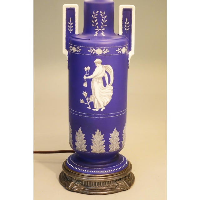Metal 1930s Cobalt Noritake Wedgewood Jasperware Style Neoclassic Art Deco Table Lamps - a Pair For Sale - Image 7 of 15