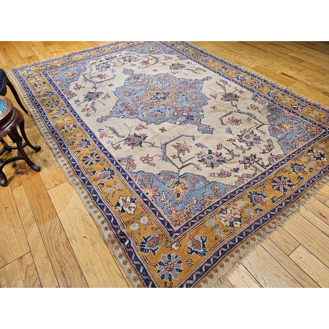 Brown Vintage Turkish Oushak Rug, Handwoven Geometric Pattern, Ivory & Blue, 8' x 11' For Sale - Image 8 of 18