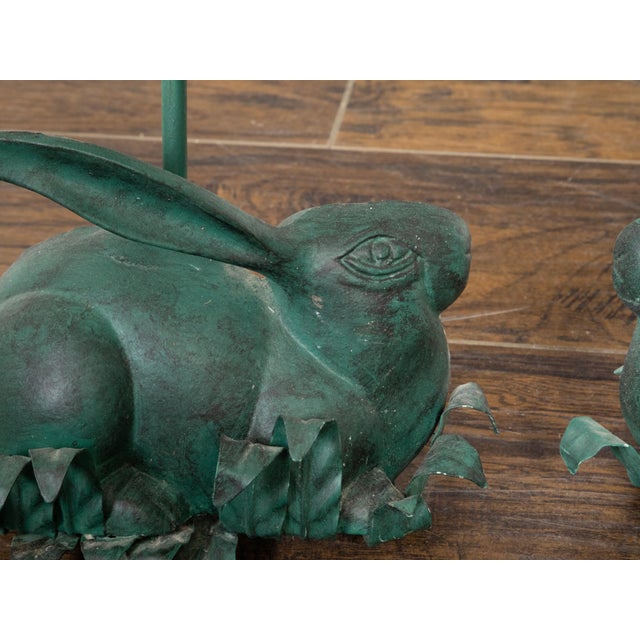 Pair of Vintage American Midcentury Iron Rabbit Candle Holders with Green Patina For Sale - Image 9 of 11