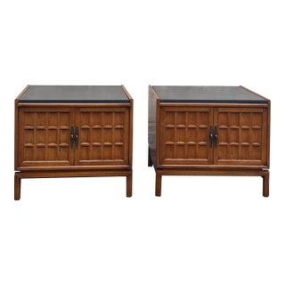 Pair of Drexel Heritage Walnut Nightstands With Sculpted Doors and Slate Tops For Sale