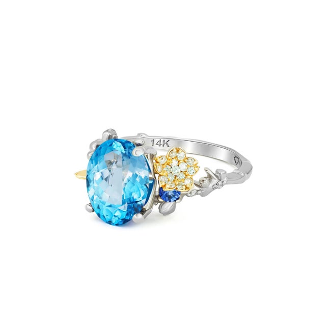 Metal Blue Topaz Cocktail Ring in 14k Gold Size 6.75 (All Sizes Available) For Sale - Image 7 of 8