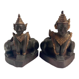 Mythical Burmese Folklore Buddahist Carved Gold Gilt Burma Guardian Lion Statues For Sale