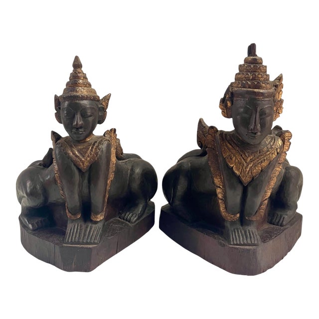 Mythical Burmese Folklore Buddahist Carved Gold Gilt Burma Guardian Lion Statues For Sale