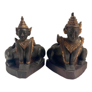 Mythical Burmese Folklore Buddahist Carved Gold Gilt Burma Guardian Lion Statues
