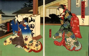 Utagawa Hirosada, Scene at Night on a Veranda, Original Woodcut Print, 1860