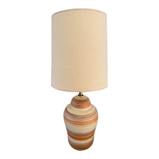 1960s Turned Studio, Pottery Ceramic Lamp, Striped Orange, and Cream Glaze With Shade For Sale