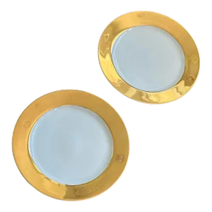90s 24k Gold Rim Porcelain Dinner Plates Chargers White Band Contemporary Pair Set Wide Vintage New Old Stock