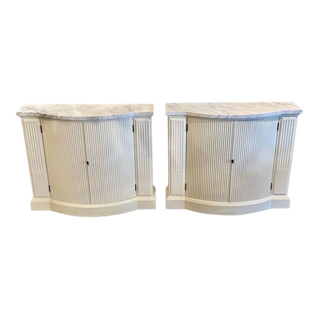 Pair of Vintage Italian White Painted Side Cabinets With Carrara Marble For Sale