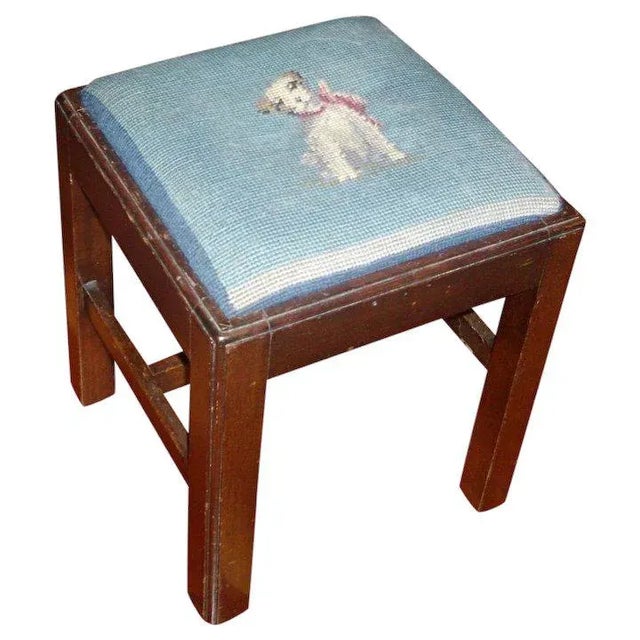 Vintage Georgian Mahogany with Blue Dog Terrier Needlepoint Cover Square Stool For Sale - Image 11 of 11