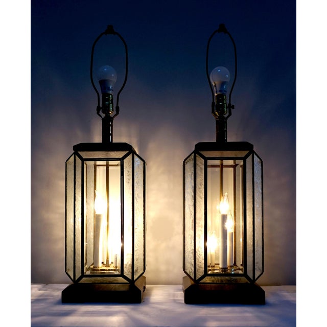 1960s Art Deco Style Mid Century Etched Glass Lead Table Lantern Lamp - set of 2 For Sale - Image 4 of 10