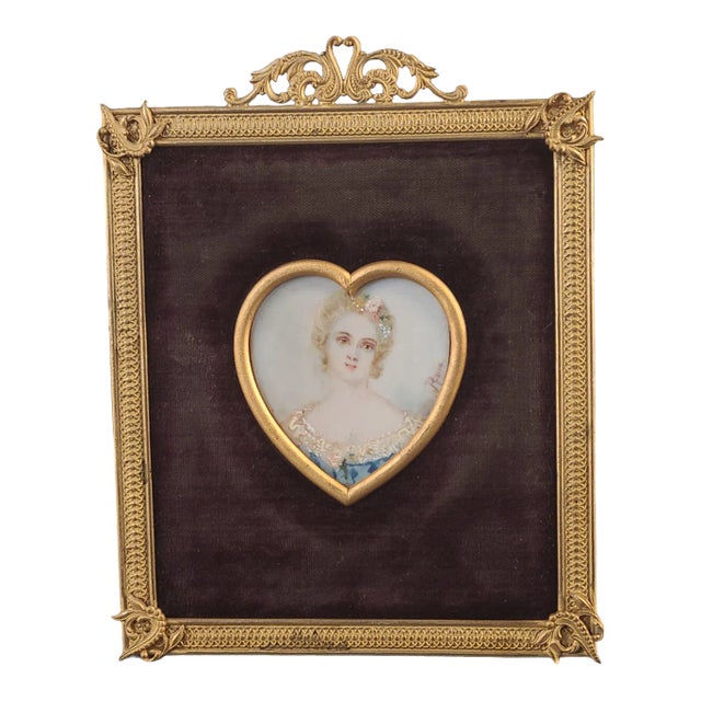 Antique French Miniature Hand Painted Lady Portrait Dore Bronze Easel Back Frame Signed For Sale