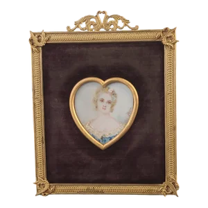 Antique French Miniature Hand Painted Lady Portrait Dore Bronze Easel Back Frame Signed