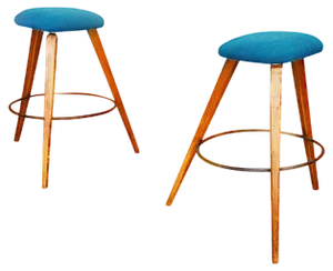 Set of Mid-Century Modern Italian Stools in Wood, Black Iron and Blue Fabric, 1960s