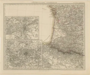 Antique Map of Southwestern France with Insets of Paris and Lyon, 1858