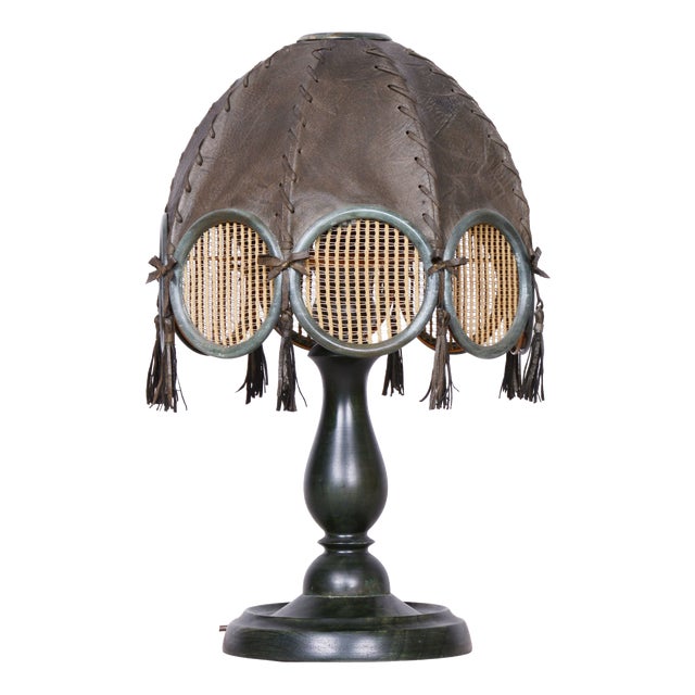 Mid-Century Czech Table Lamp in Stained Beech and Leather, 1970s For Sale
