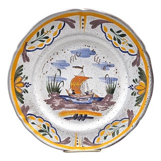 French Peint Main Studio Faience Plate With Hand-Painted Sailboat Scene For Sale