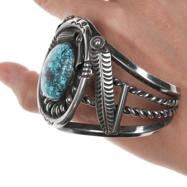 7" 1970's Phil T Navajo Silver cuff bracelet with turquoise For Sale In Austin - Image 6 of 11
