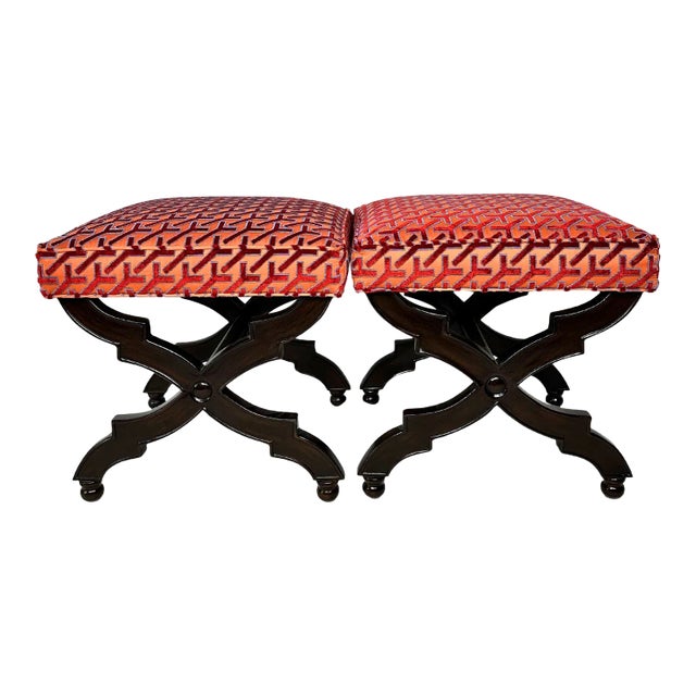 Niccolo Italianate X-Base Velvet Stools - A Pair For Sale