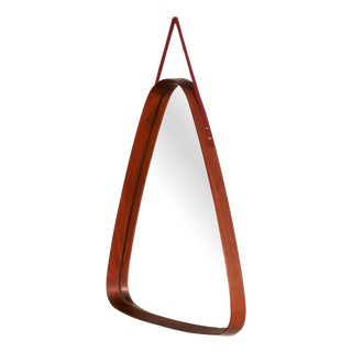 Mid-Century Italian Triangular Mirror in Curved Teak and Leather, 1960s For Sale