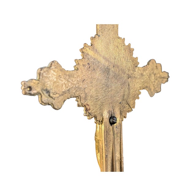 Metal Antique Gold Crucifix Jesus on Cross 9" Tall Die Cast Metal For Sale - Image 7 of 9